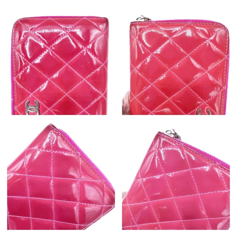CHANEL Patent Quilted Zip Around Long Wallet Pink Salmon 14 Series (2011)